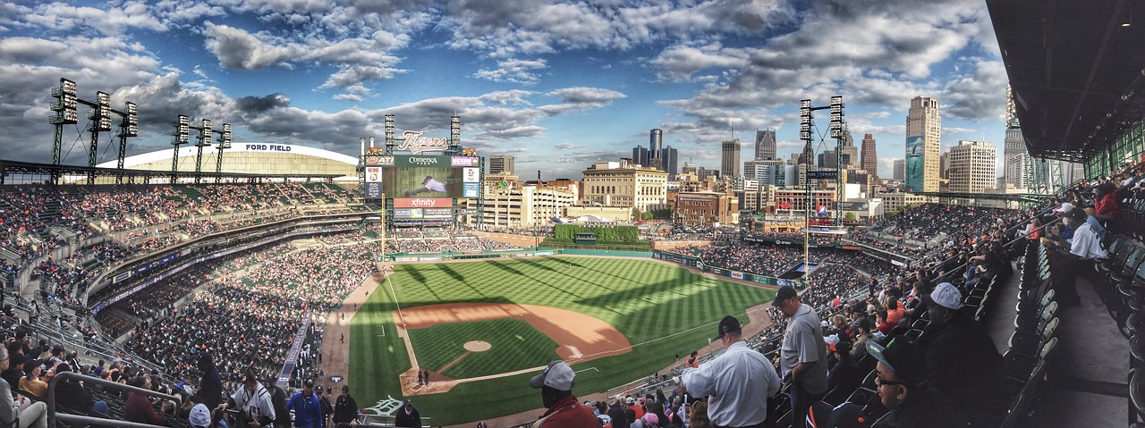Fans walk the concourse at Comerica Park during a MLB game between